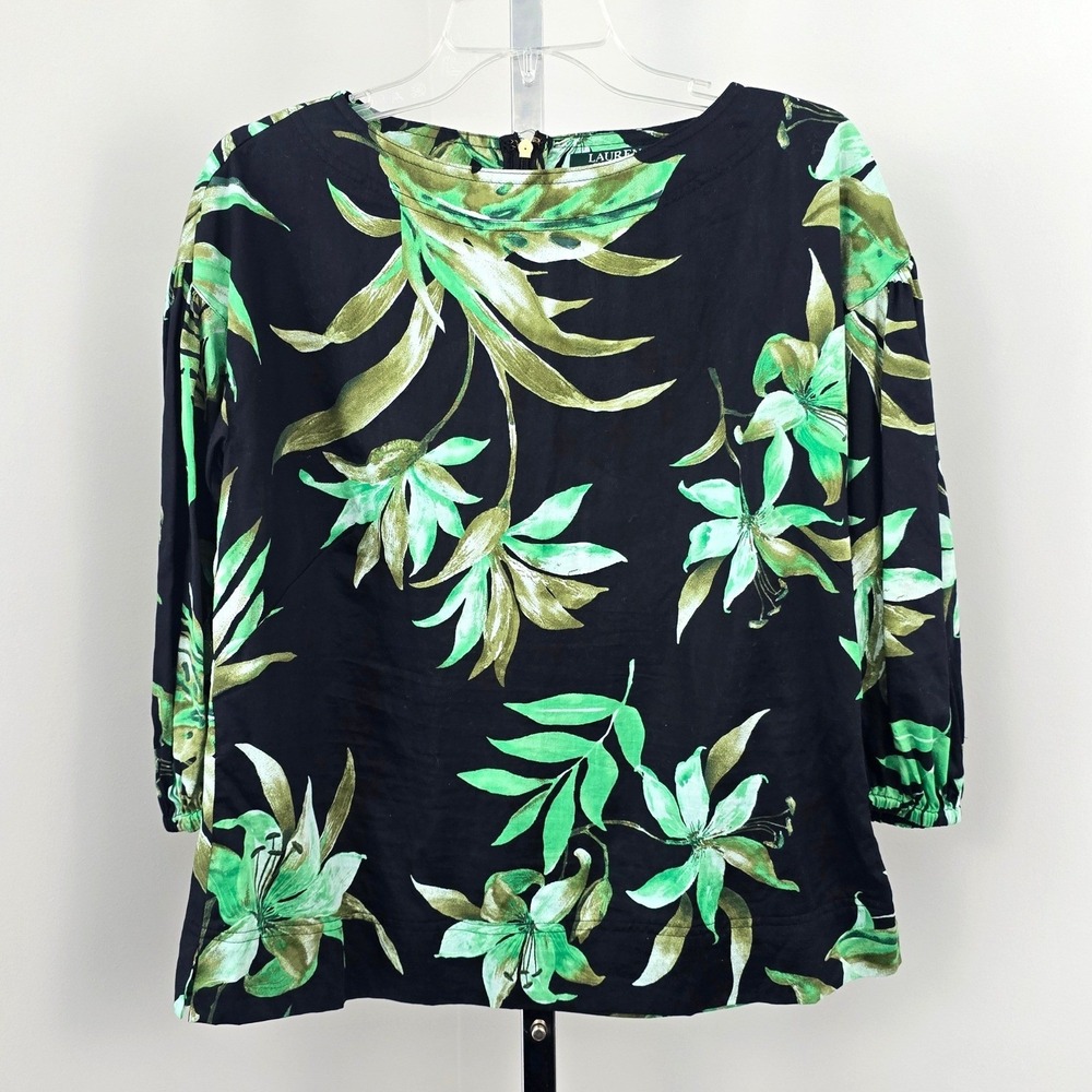 Lauren Ralph Lauren Floral Print 3/4 Sleeve Zip Closure Boat Neck‎ Top M Black
